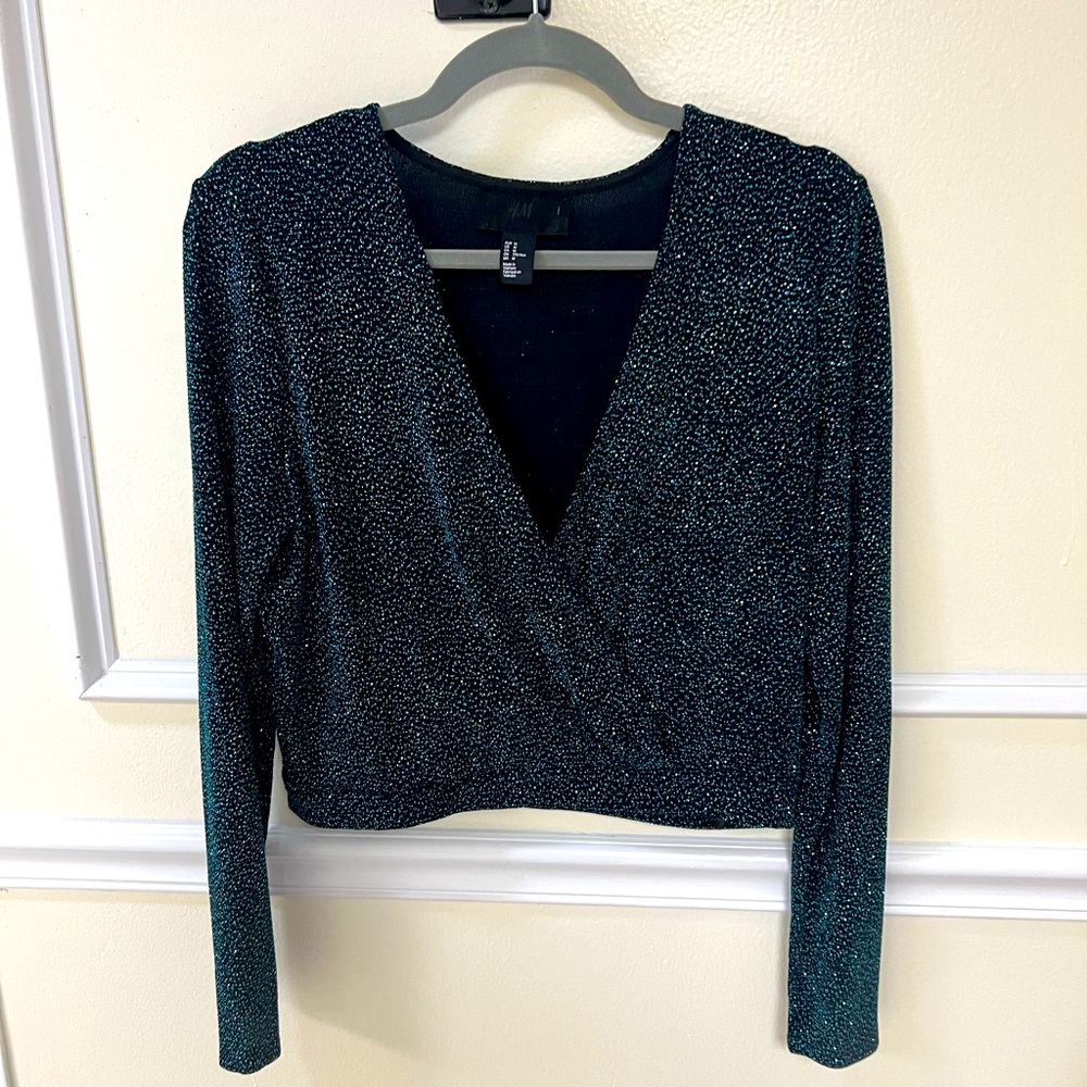 H&M Sparkly Green Long Sleeve Wrap Blouse